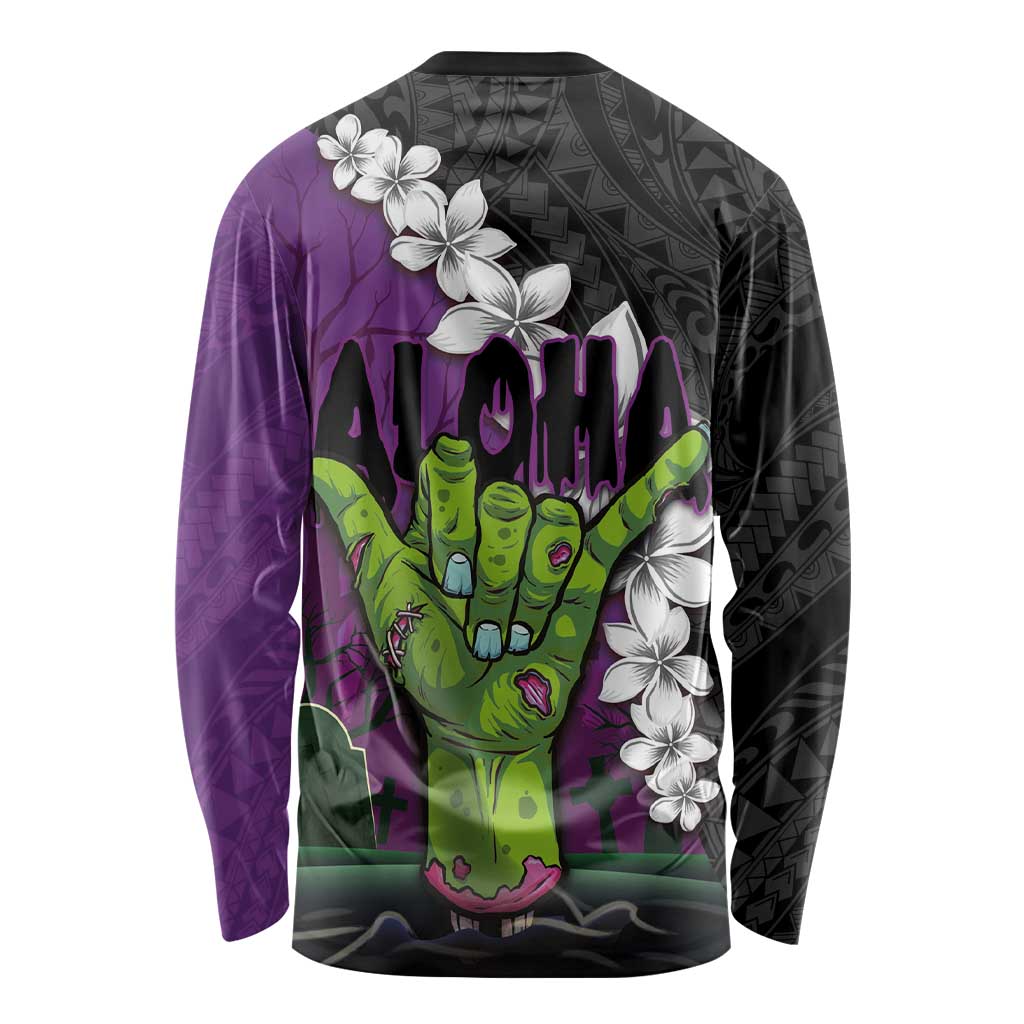 Hawaiian Halloween Long Sleeve Shirt Horror Shaka Hand with Plumeria and Polynesian Tattoo Midnight Color