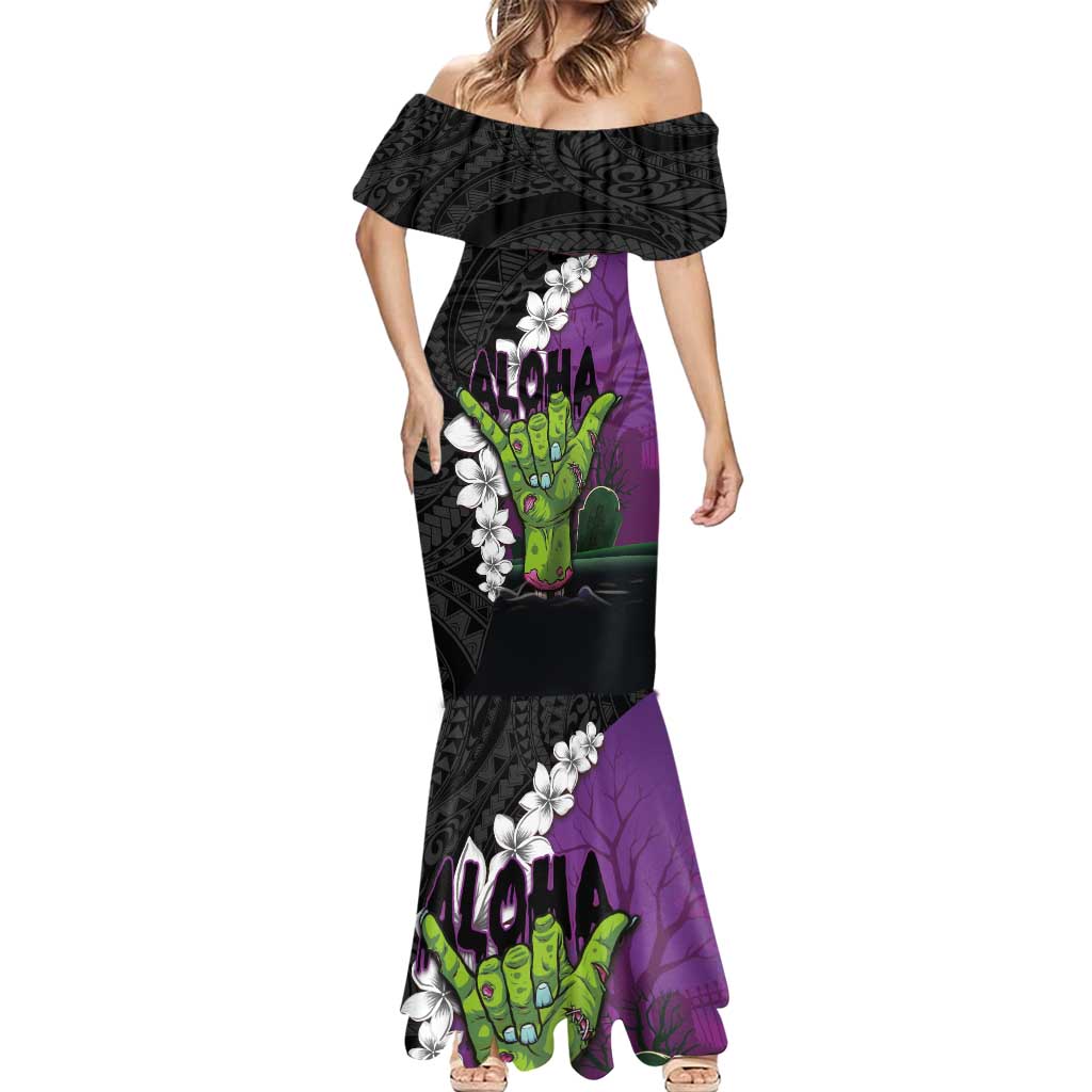 Hawaiian Halloween Mermaid Dress Horror Shaka Hand with Plumeria and Polynesian Tattoo Midnight Color
