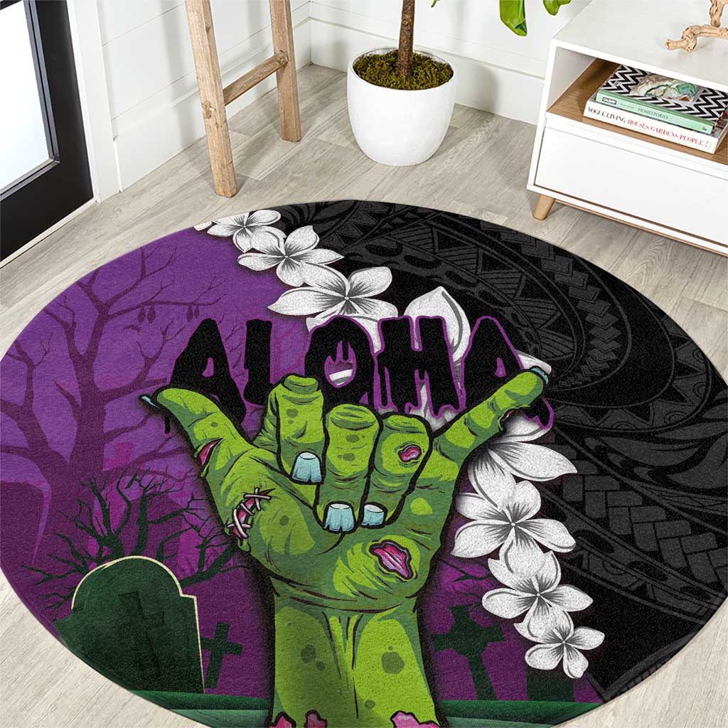 Hawaiian Halloween Round Carpet Horror Shaka Hand with Plumeria and Polynesian Tattoo Midnight Color LT03 Purple - Polynesian Pride