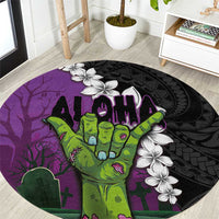 Hawaiian Halloween Round Carpet Horror Shaka Hand with Plumeria and Polynesian Tattoo Midnight Color LT03 Purple - Polynesian Pride