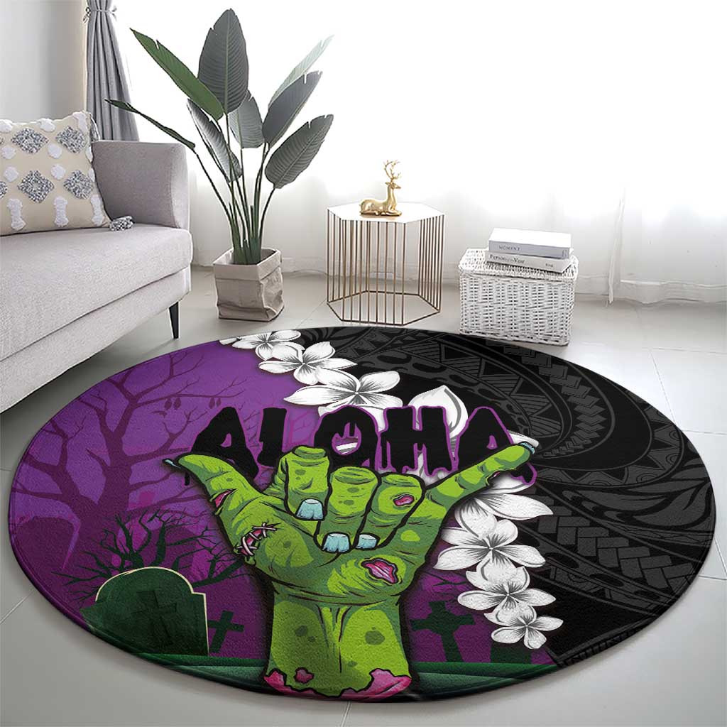 Hawaiian Halloween Round Carpet Horror Shaka Hand with Plumeria and Polynesian Tattoo Midnight Color LT03 - Polynesian Pride