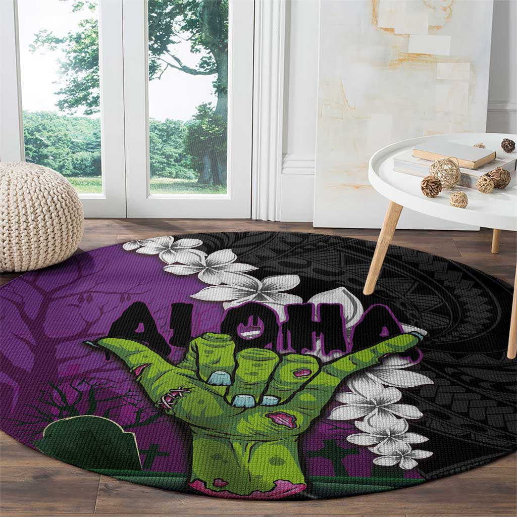 Hawaiian Halloween Round Carpet Horror Shaka Hand with Plumeria and Polynesian Tattoo Midnight Color LT03 - Polynesian Pride