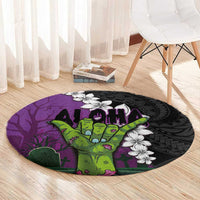 Hawaiian Halloween Round Carpet Horror Shaka Hand with Plumeria and Polynesian Tattoo Midnight Color LT03 - Polynesian Pride