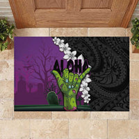 Hawaiian Halloween Rubber Doormat Horror Shaka Hand with Plumeria and Polynesian Tattoo Midnight Color