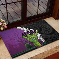 Hawaiian Halloween Rubber Doormat Horror Shaka Hand with Plumeria and Polynesian Tattoo Midnight Color