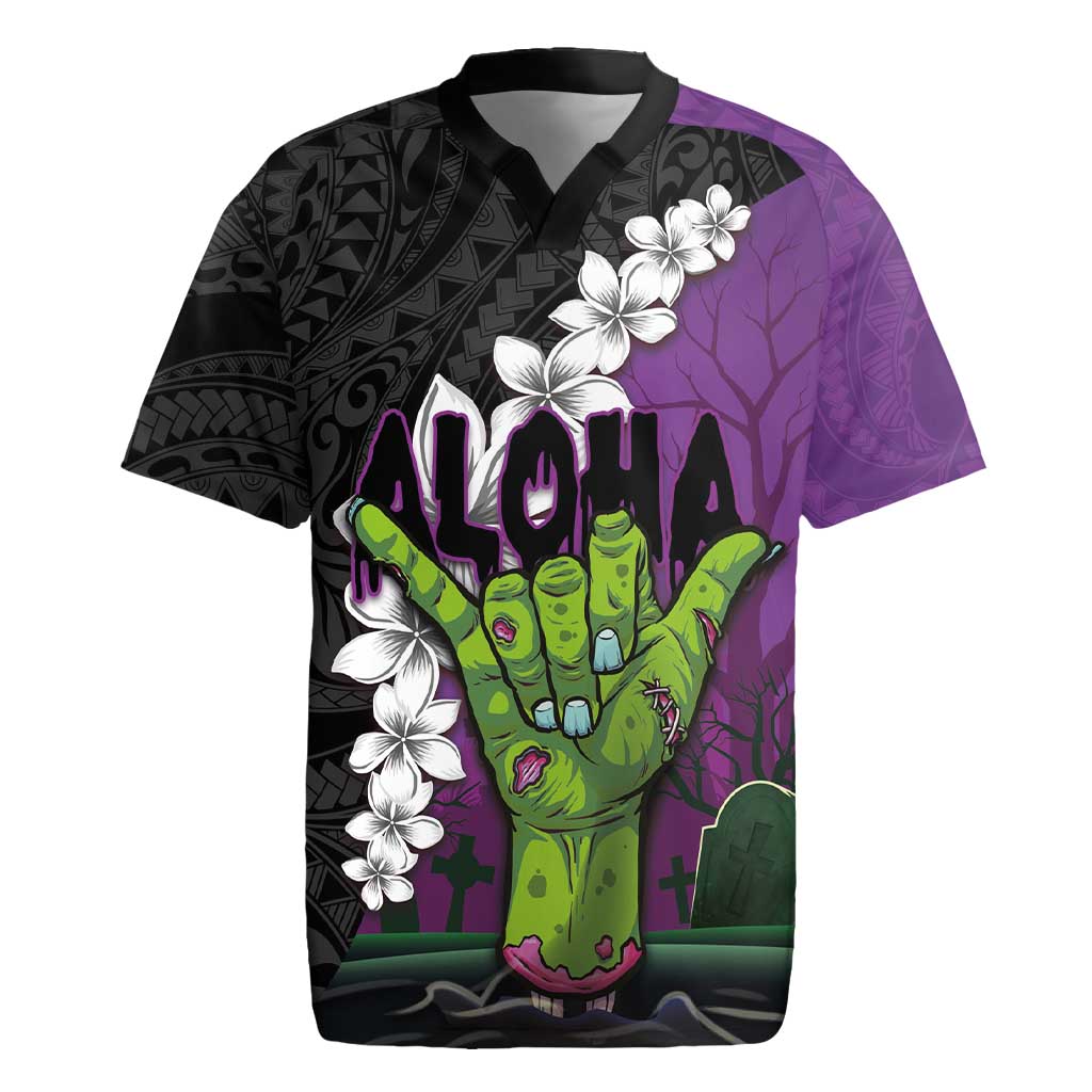 Hawaiian Halloween Rugby Jersey Horror Shaka Hand with Plumeria and Polynesian Tattoo Midnight Color
