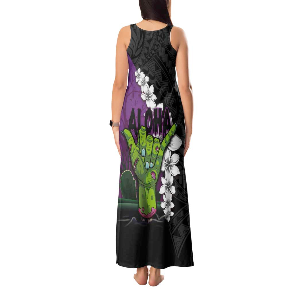 Hawaiian Halloween Tank Maxi Dress Horror Shaka Hand with Plumeria and Polynesian Tattoo Midnight Color