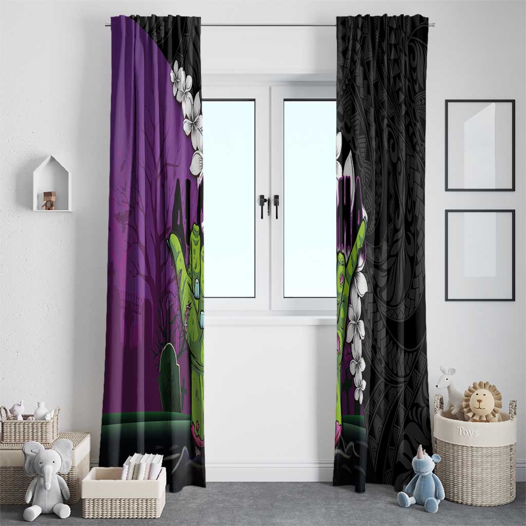 Hawaiian Halloween Window Curtain Horror Shaka Hand with Plumeria and Polynesian Tattoo Midnight Color