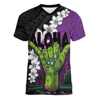 Hawaiian Halloween Women V-Neck T-Shirt Horror Shaka Hand with Plumeria and Polynesian Tattoo Midnight Color LT03 Female Purple - Polynesian Pride