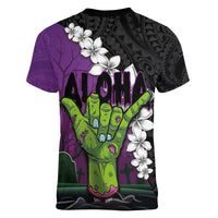Hawaiian Halloween Women V-Neck T-Shirt Horror Shaka Hand with Plumeria and Polynesian Tattoo Midnight Color LT03 - Polynesian Pride