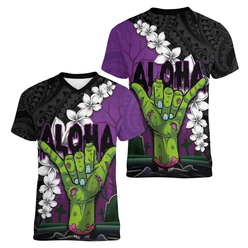 Hawaiian Halloween Women V-Neck T-Shirt Horror Shaka Hand with Plumeria and Polynesian Tattoo Midnight Color LT03 - Polynesian Pride