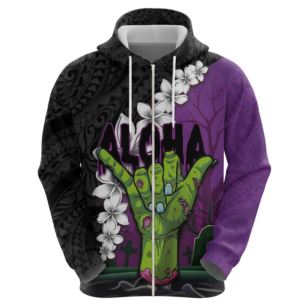 Hawaiian Halloween Zip Hoodie Horror Shaka Hand with Plumeria and Polynesian Tattoo Midnight Color