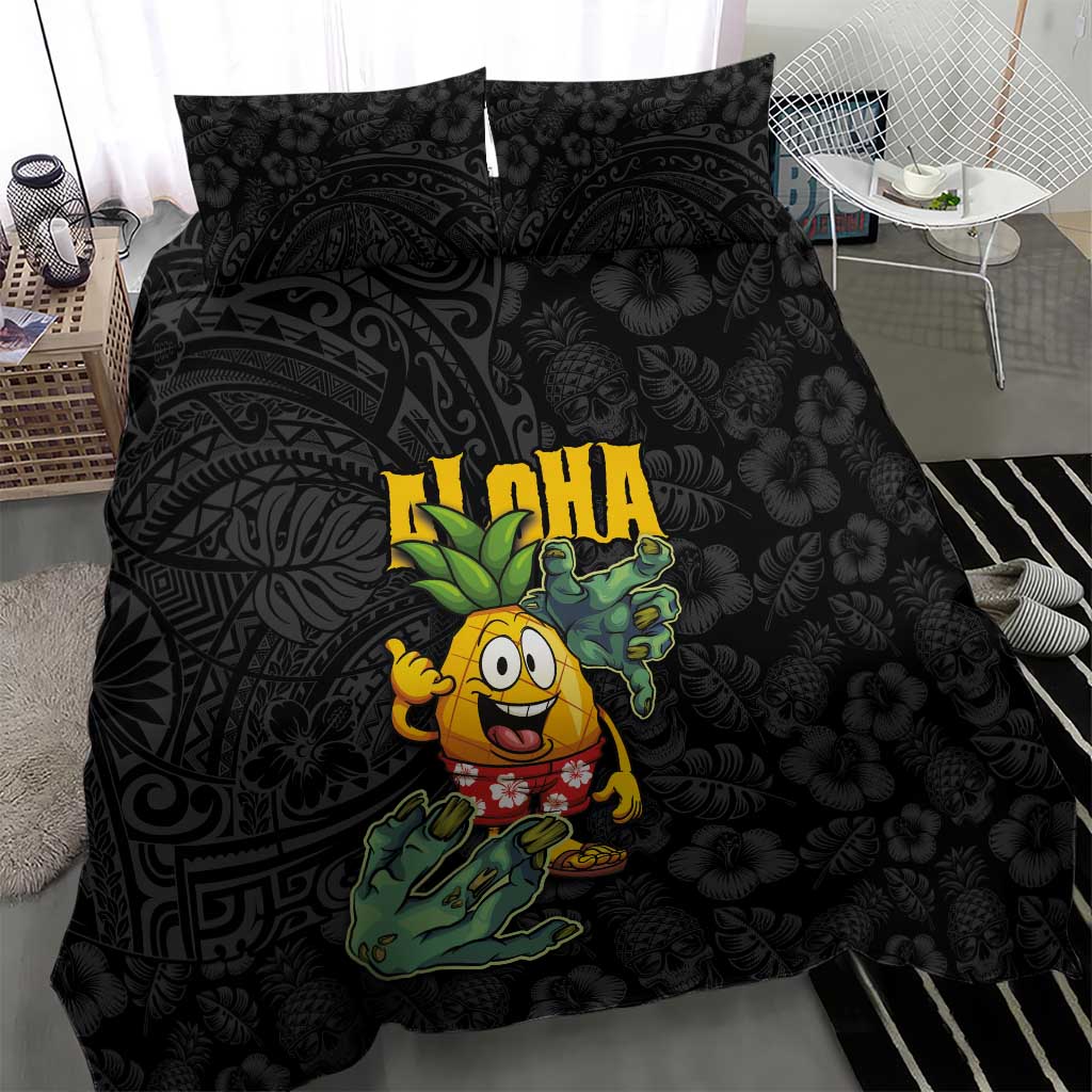 Hawaiian Halloween Bedding Set Aloha Pinapple with Mysterious Hands and Polynesian Tribal Tattoo