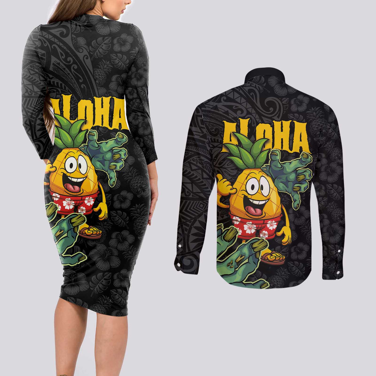 Hawaiian Halloween Couples Matching Long Sleeve Bodycon Dress and Long Sleeve Button Shirt Aloha Pinapple with Mysterious Hands and Polynesian Tribal Tattoo
