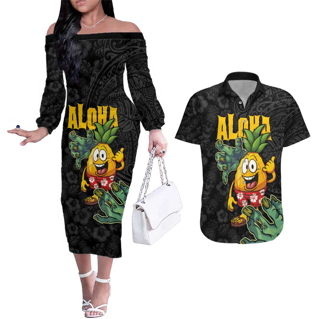 Hawaiian Halloween Couples Matching Off The Shoulder Long Sleeve Dress and Hawaiian Shirt Aloha Pinapple with Mysterious Hands and Polynesian Tribal Tattoo