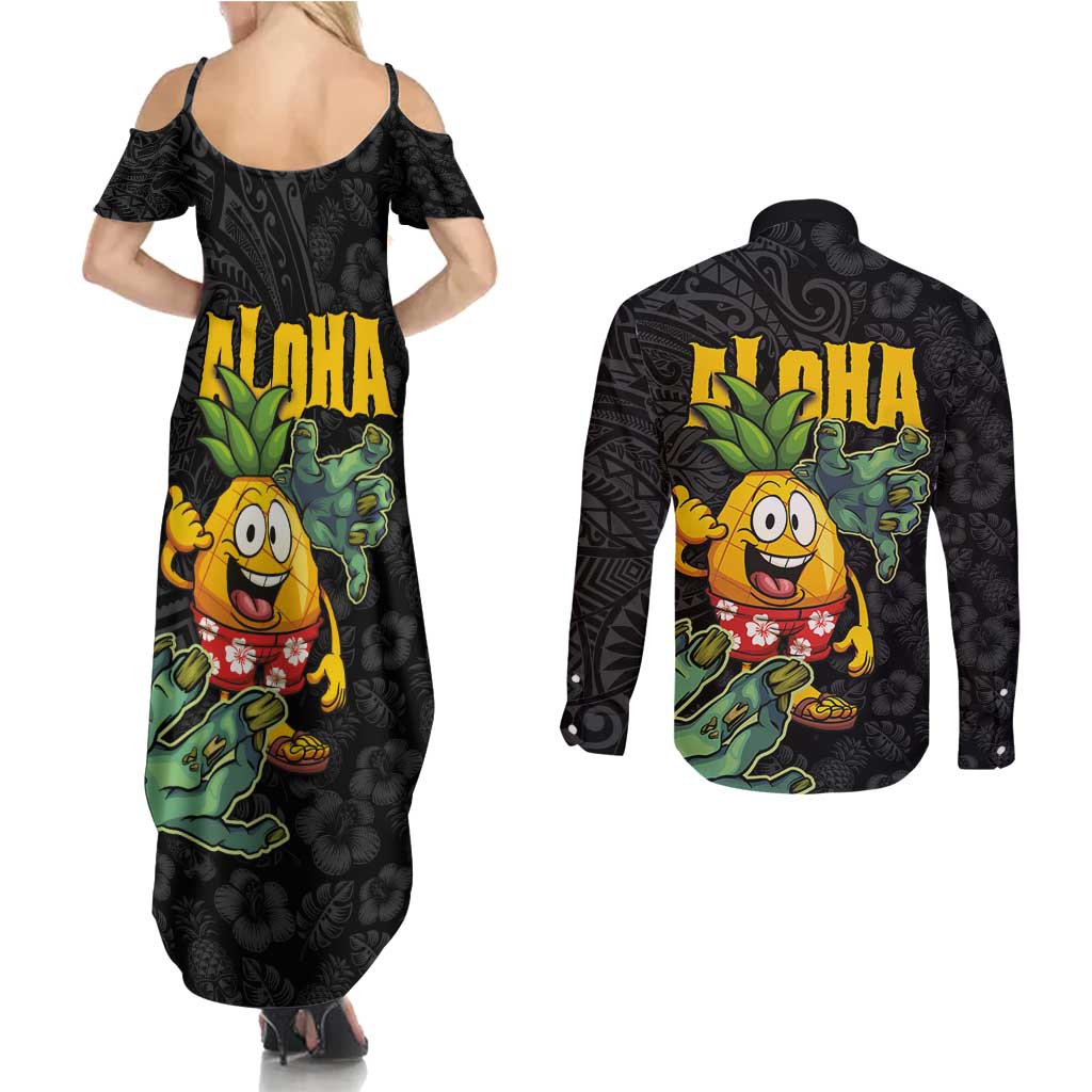 Hawaiian Halloween Couples Matching Summer Maxi Dress and Long Sleeve Button Shirt Aloha Pinapple with Mysterious Hands and Polynesian Tribal Tattoo