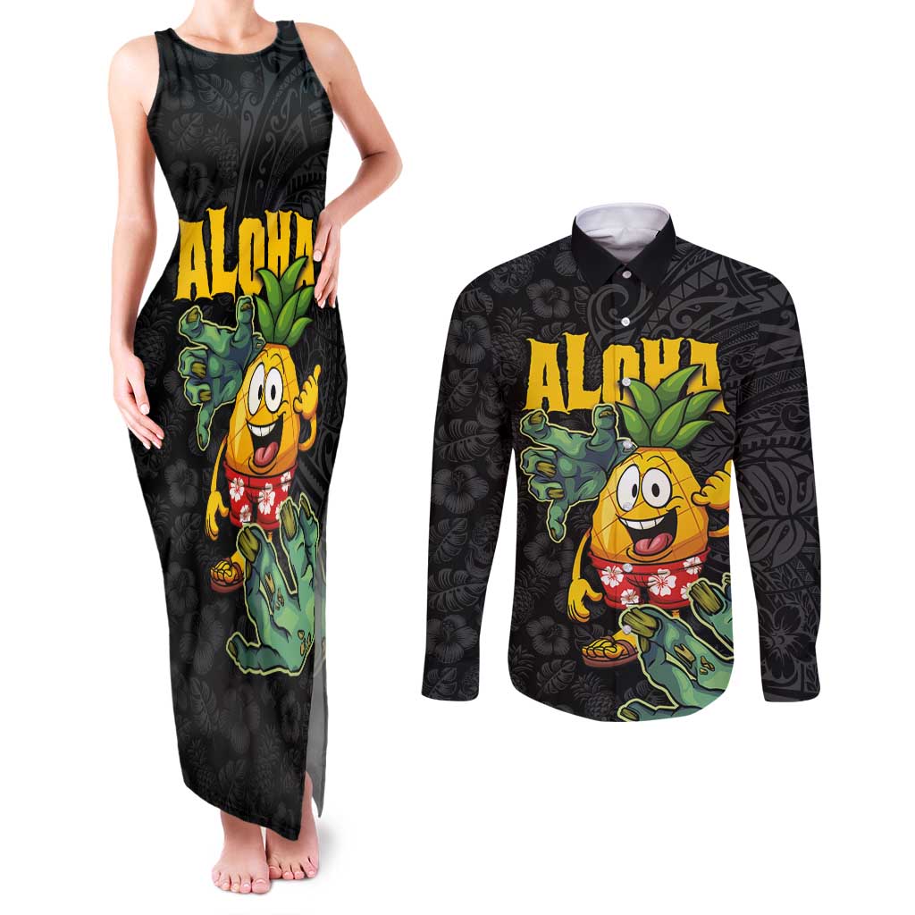 Hawaiian Halloween Couples Matching Tank Maxi Dress and Long Sleeve Button Shirt Aloha Pinapple with Mysterious Hands and Polynesian Tribal Tattoo