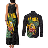 Hawaiian Halloween Couples Matching Tank Maxi Dress and Long Sleeve Button Shirt Aloha Pinapple with Mysterious Hands and Polynesian Tribal Tattoo