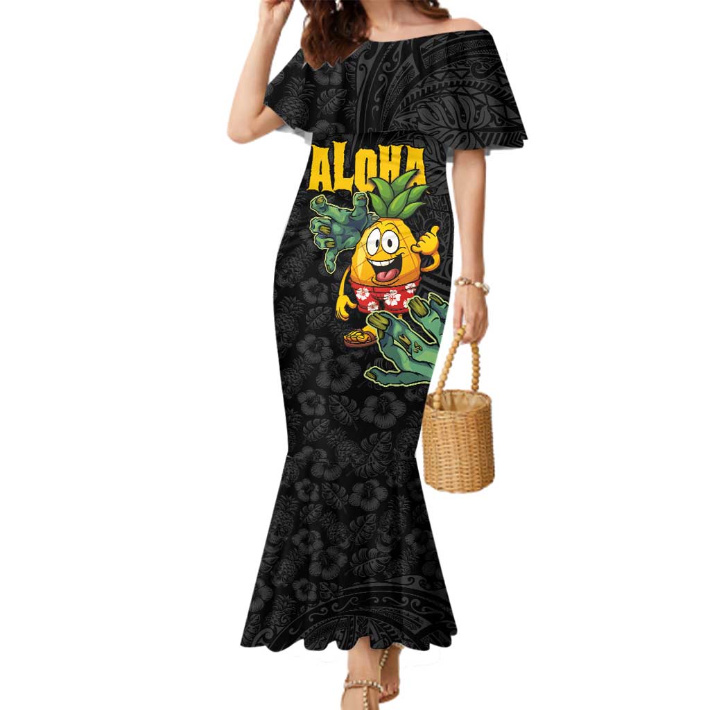 Hawaiian Halloween Family Matching Mermaid Dress and Hawaiian Shirt Aloha Pinapple with Mysterious Hands and Polynesian Tribal Tattoo