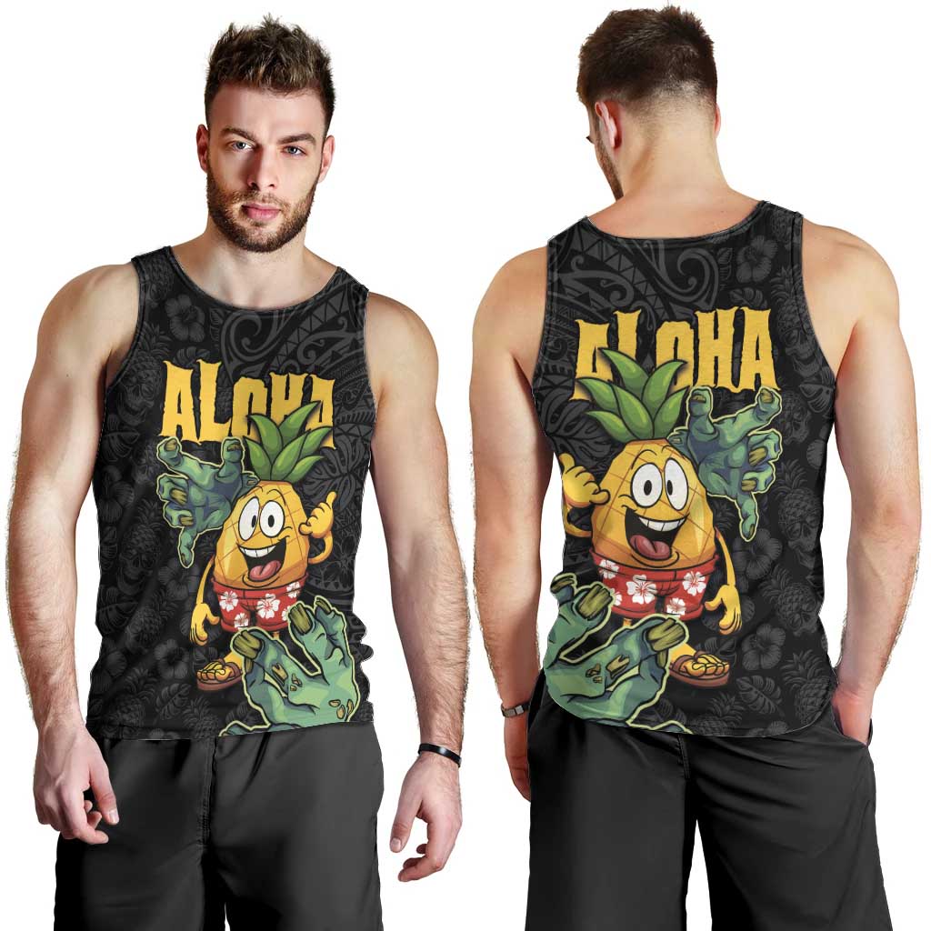 Hawaiian Halloween Men Tank Top Aloha Pinapple with Mysterious Hands and Polynesian Tribal Tattoo