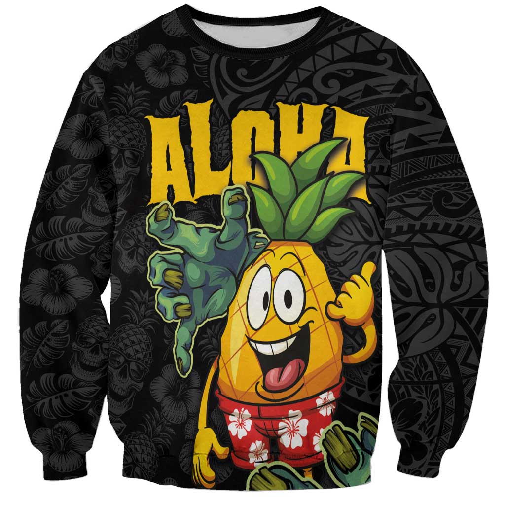 Hawaiian Halloween Sweatshirt Aloha Pinapple with Mysterious Hands and Polynesian Tribal Tattoo LT03 Unisex Black - Polynesian Pride