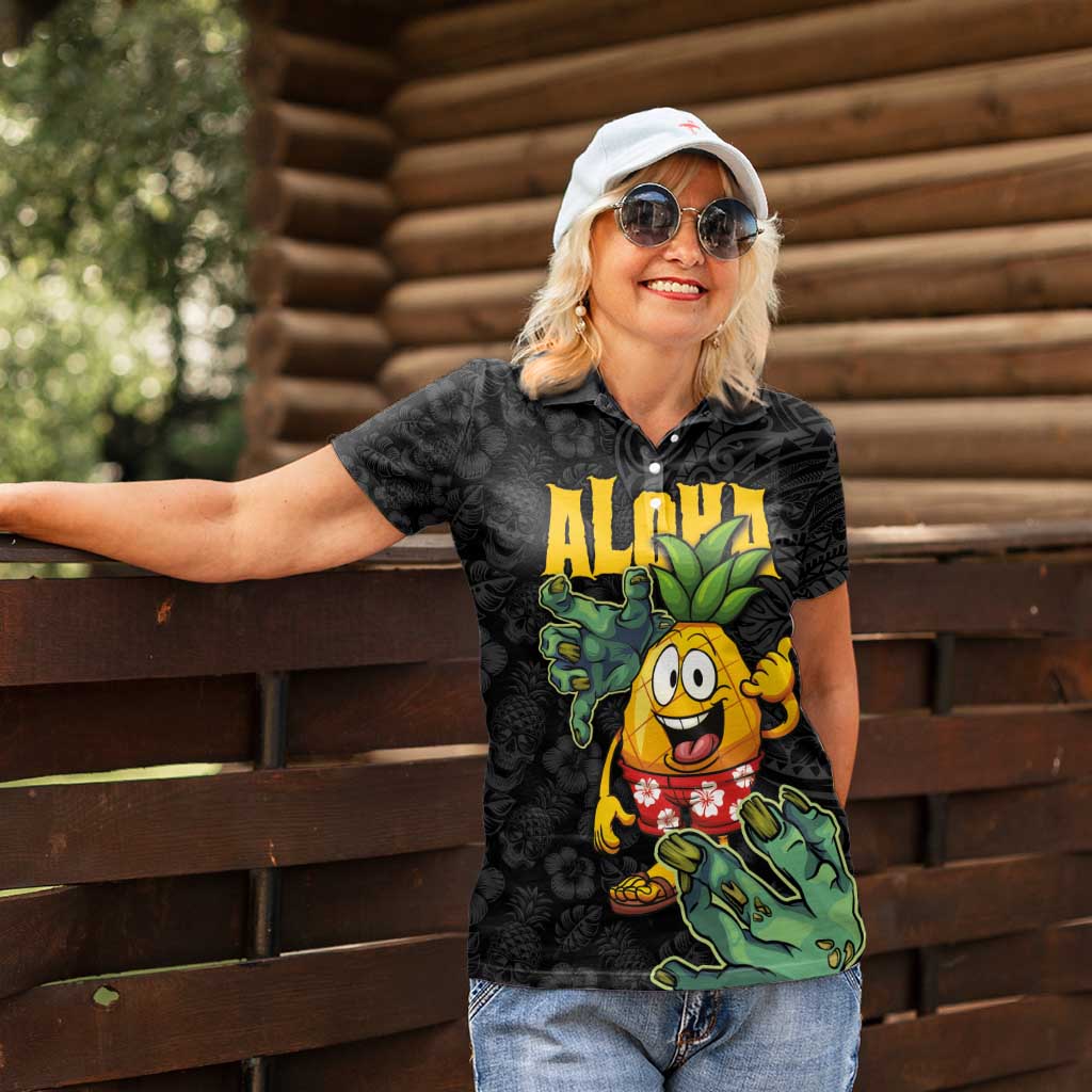 Hawaiian Halloween Women Polo Shirt Aloha Pinapple with Mysterious Hands and Polynesian Tribal Tattoo