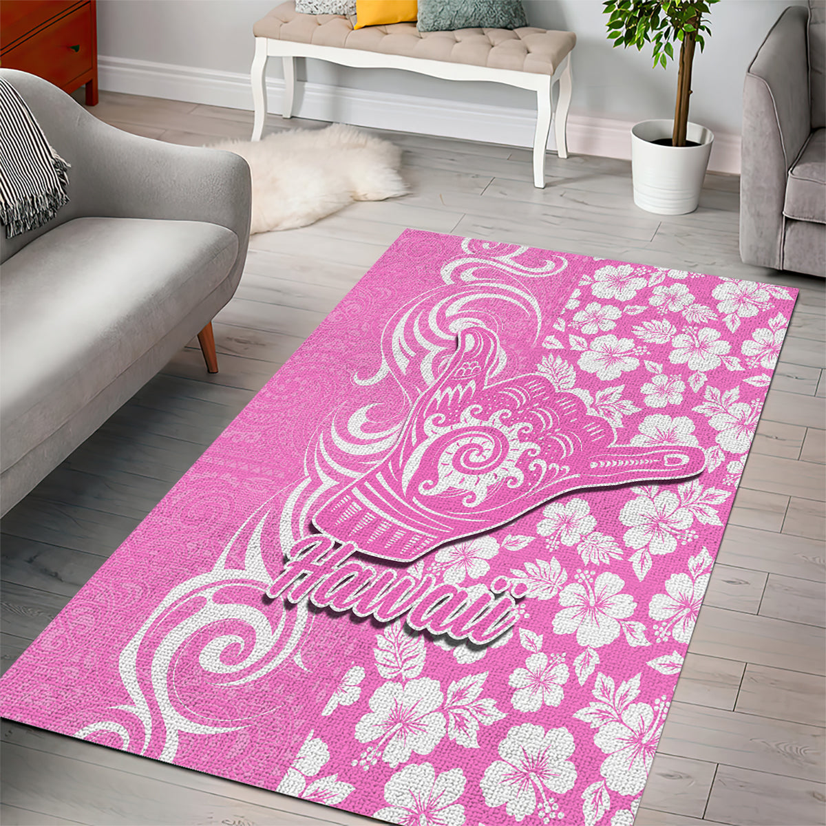 Hawaii Kauai Island Area Rug Hibiscus Pattern Seamless Tribal Simple Pink LT03 - Polynesian Pride