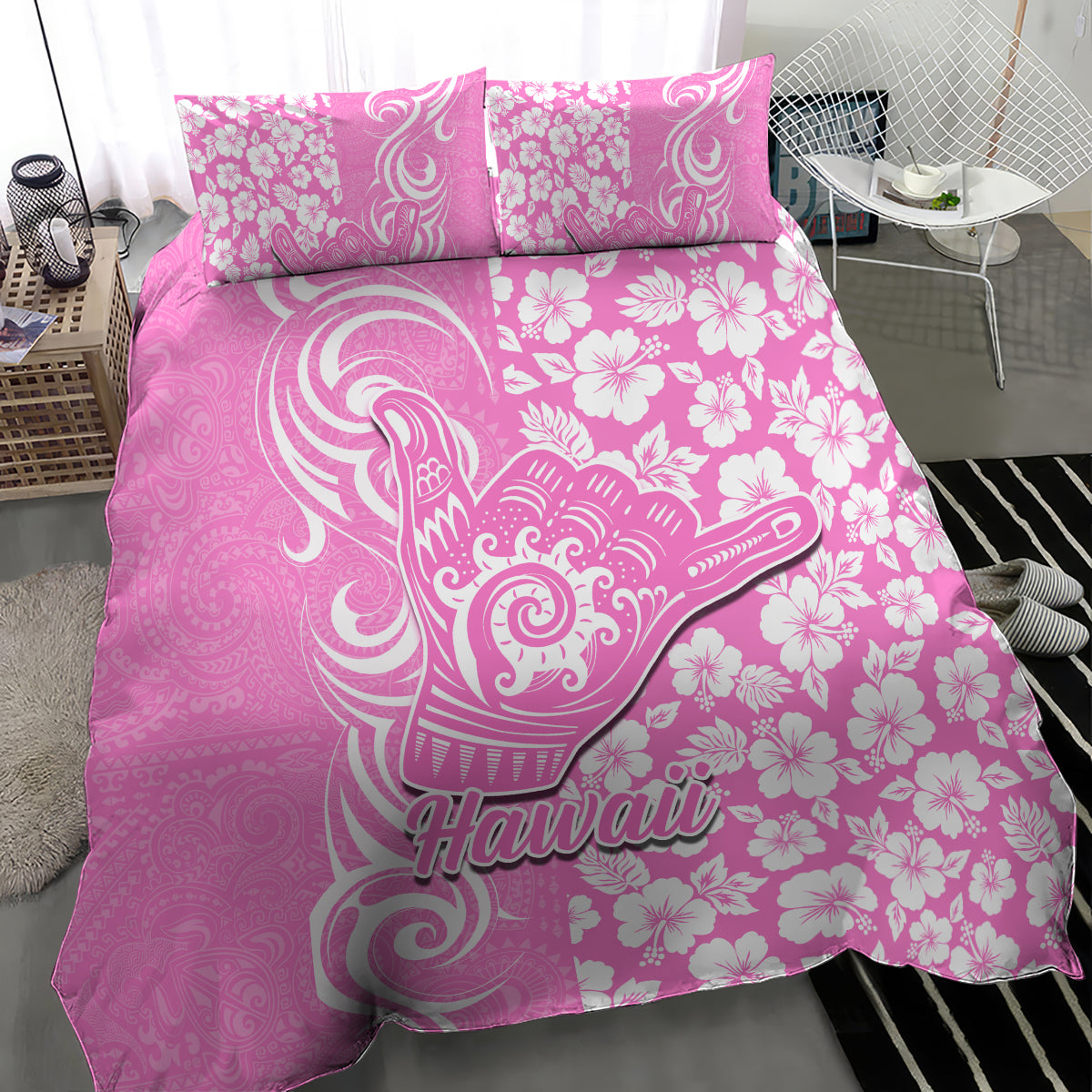 Hawaii Kauai Island Bedding Set Hibiscus Pattern Seamless Tribal Simple Pink LT03 - Polynesian Pride