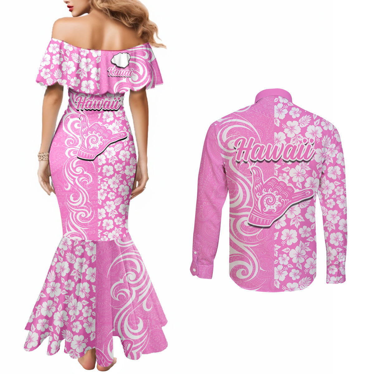 Hawaii Kauai Island Couples Matching Mermaid Dress and Long Sleeve Button Shirts Hibiscus Pattern Seamless Tribal Simple Pink LT03 - Polynesian Pride