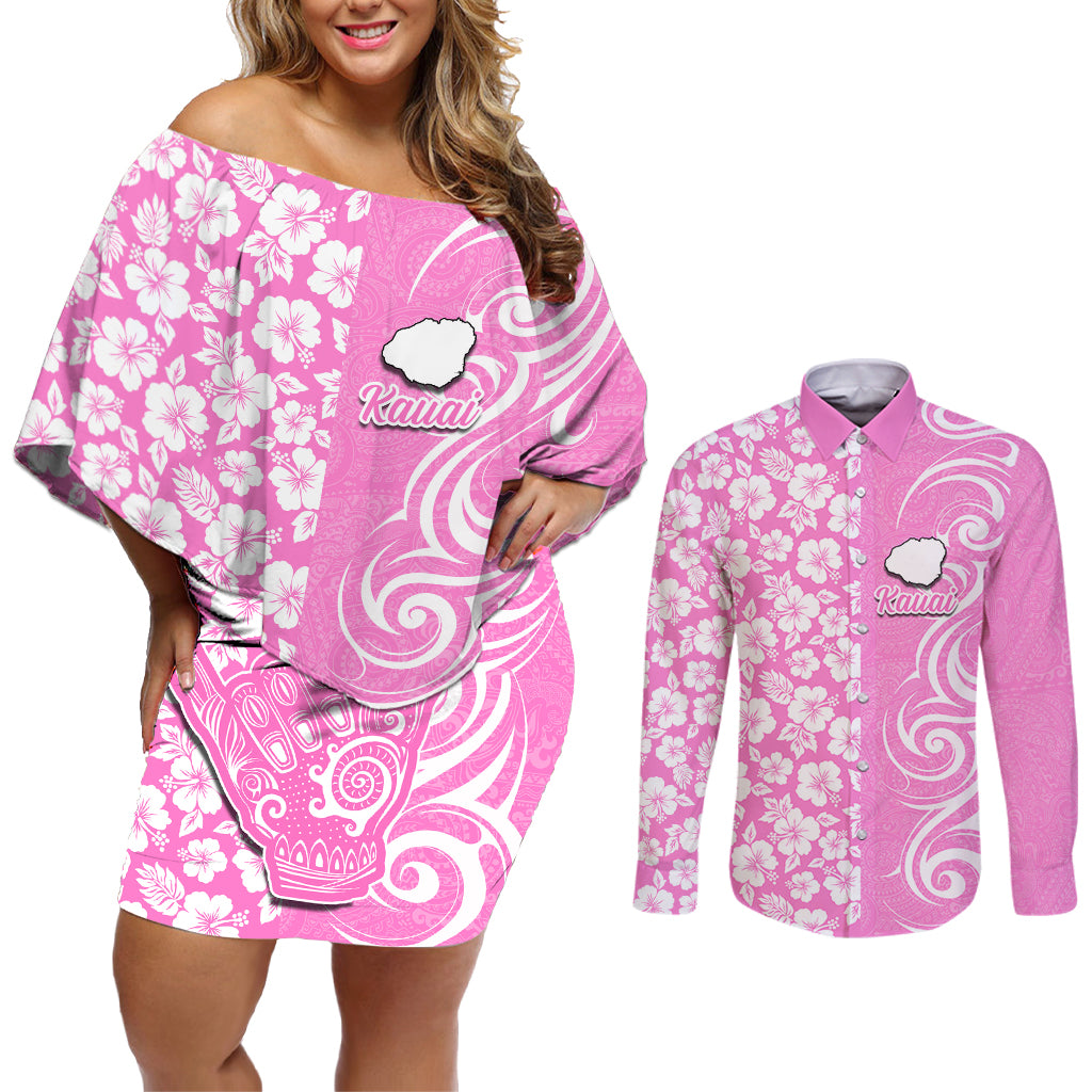 Hawaii Kauai Island Couples Matching Off Shoulder Short Dress and Long Sleeve Button Shirts Hibiscus Pattern Seamless Tribal Simple Pink LT03 Pink - Polynesian Pride