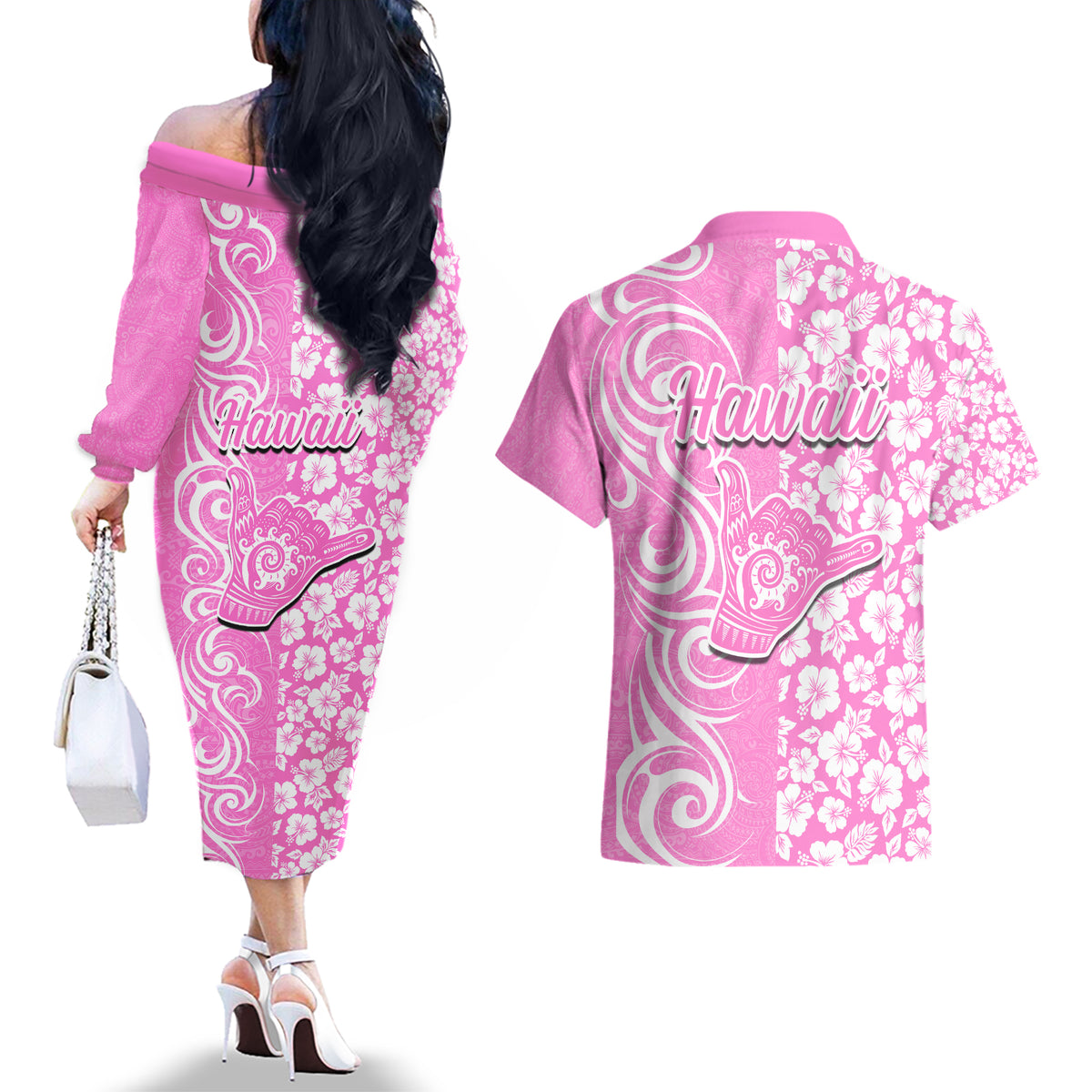 Hawaii Kauai Island Couples Matching Off The Shoulder Long Sleeve Dress and Hawaiian Shirt Hibiscus Pattern Seamless Tribal Simple Pink LT03 - Polynesian Pride