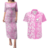 Hawaii Kauai Island Couples Matching Puletasi Dress and Hawaiian Shirt Hibiscus Pattern Seamless Tribal Simple Pink LT03 Pink - Polynesian Pride