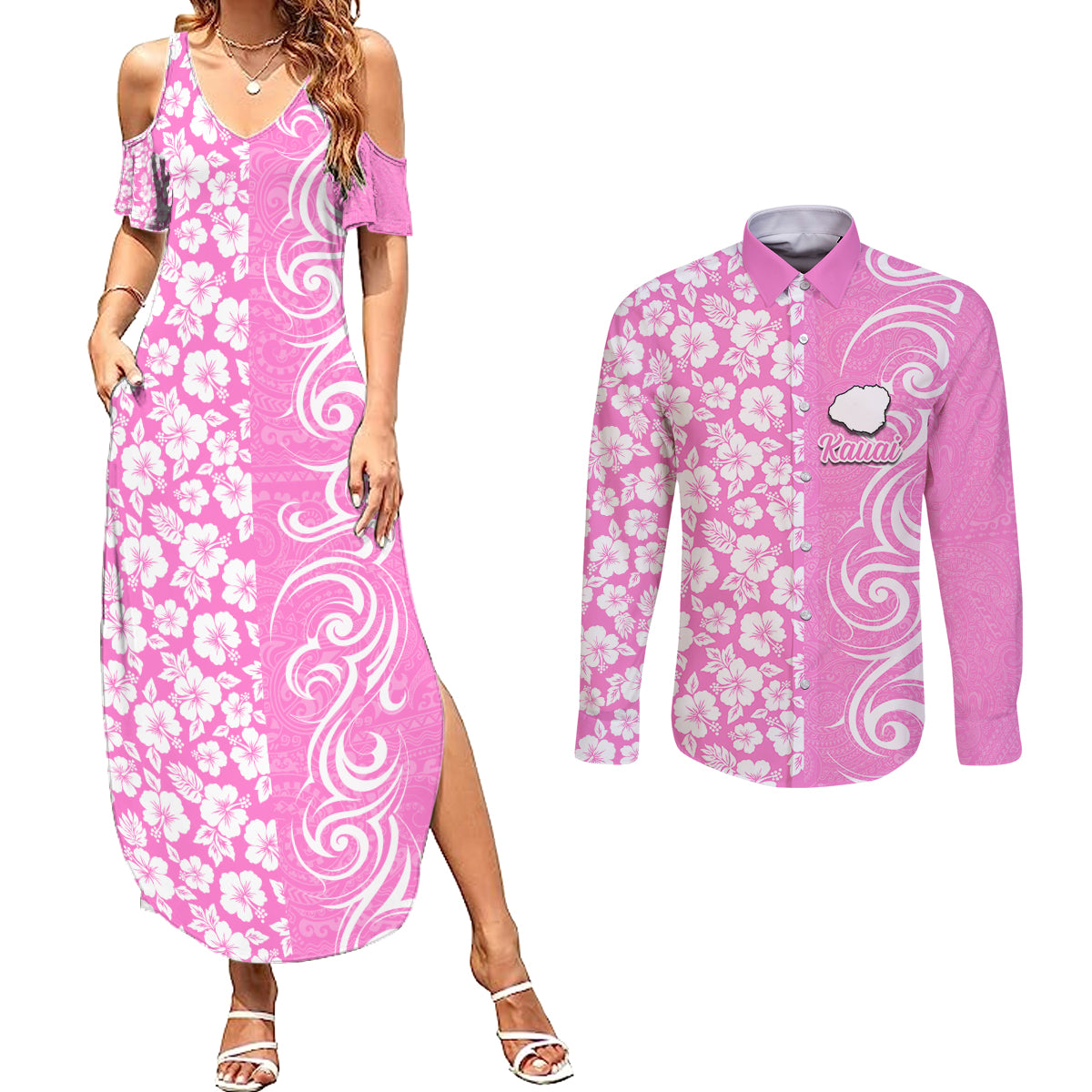 Hawaii Kauai Island Couples Matching Summer Maxi Dress and Long Sleeve Button Shirts Hibiscus Pattern Seamless Tribal Simple Pink LT03 Pink - Polynesian Pride
