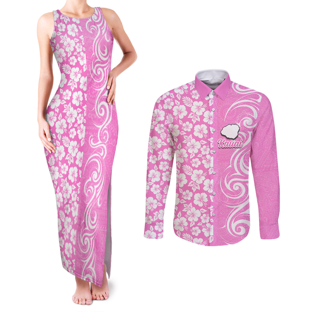 Hawaii Kauai Island Couples Matching Tank Maxi Dress and Long Sleeve Button Shirts Hibiscus Pattern Seamless Tribal Simple Pink LT03 Pink - Polynesian Pride
