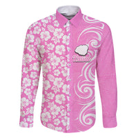 Hawaii Kauai Island Family Matching Off Shoulder Long Sleeve Dress and Hawaiian Shirt Hibiscus Pattern Seamless Tribal Simple Pink LT03 Dad's Shirt - Long Sleeve Pink - Polynesian Pride