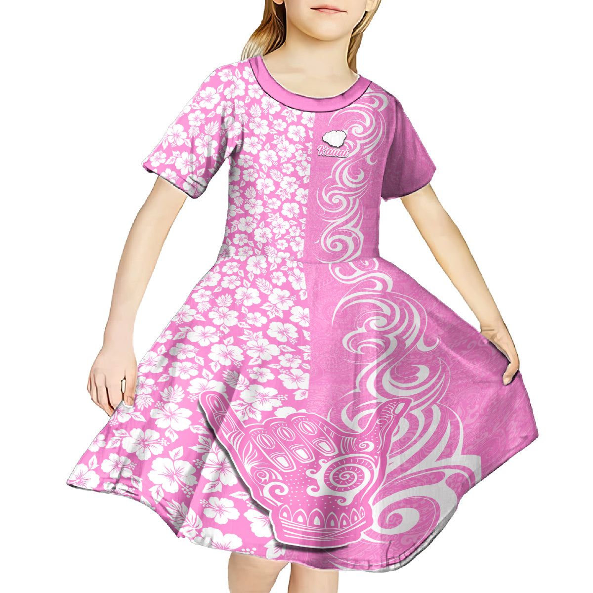Hawaii Kauai Island Kid Short Sleeve Dress Hibiscus Pattern Seamless Tribal Simple Pink LT03 - Polynesian Pride