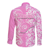 Hawaii Kauai Island Long Sleeve Button Shirt Hibiscus Pattern Seamless Tribal Simple Pink LT03 - Polynesian Pride