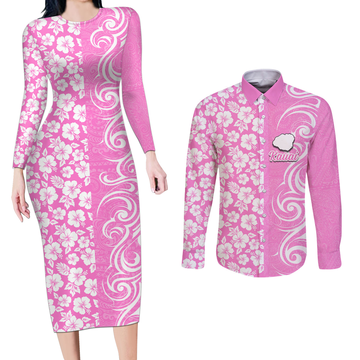 Custom Hawaii Kauai Island Couples Matching Long Sleeve Bodycon Dress and Long Sleeve Button Shirts Hibiscus Pattern Seamless Tribal Simple Pink LT03 Pink - Polynesian Pride