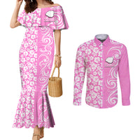 Custom Hawaii Kauai Island Couples Matching Mermaid Dress and Long Sleeve Button Shirts Hibiscus Pattern Seamless Tribal Simple Pink LT03 Pink - Polynesian Pride
