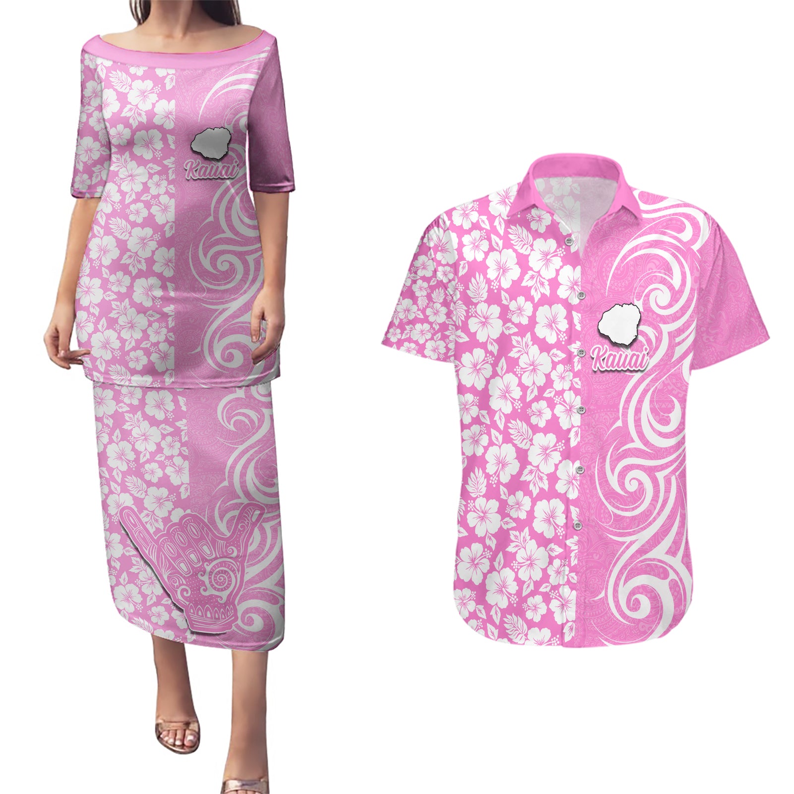Custom Hawaii Kauai Island Couples Matching Puletasi Dress and Hawaiian Shirt Hibiscus Pattern Seamless Tribal Simple Pink LT03 Pink - Polynesian Pride