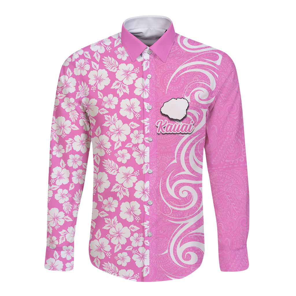 Custom Hawaii Kauai Island Long Sleeve Button Shirt Hibiscus Pattern Seamless Tribal Simple Pink LT03 Unisex Pink - Polynesian Pride