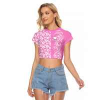 Custom Hawaii Kauai Island Raglan Cropped T Shirt Hibiscus Pattern Seamless Tribal Simple Pink LT03 Female Pink - Polynesian Pride