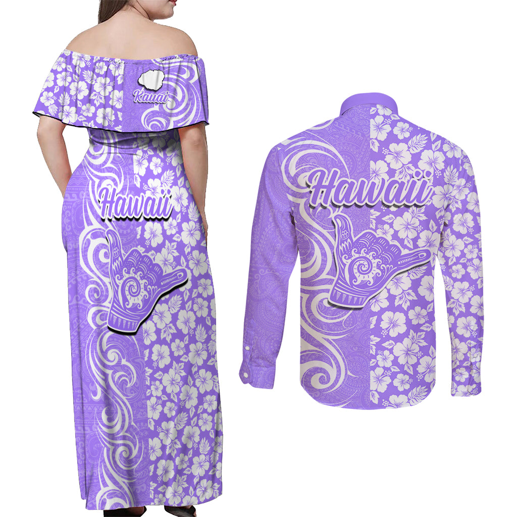 Hawaii Kauai Island Couples Matching Off Shoulder Maxi Dress and Long Sleeve Button Shirts Hibiscus Pattern Seamless Tribal Simple Purple LT03 - Polynesian Pride