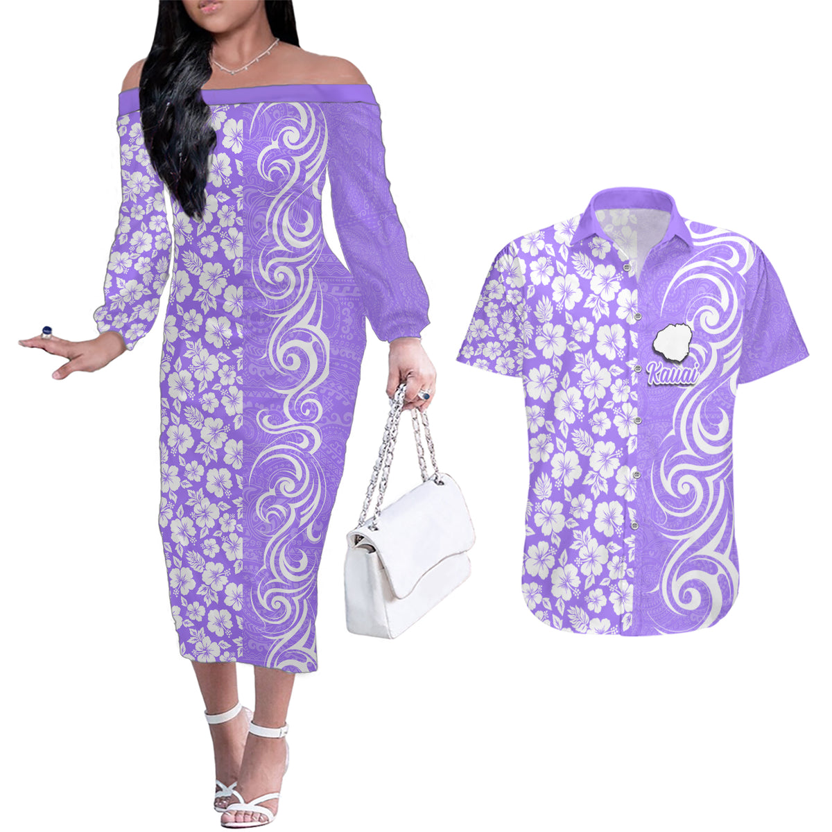 Hawaii Kauai Island Couples Matching Off The Shoulder Long Sleeve Dress and Hawaiian Shirt Hibiscus Pattern Seamless Tribal Simple Purple LT03 Purple - Polynesian Pride