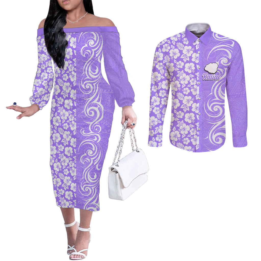Hawaii Kauai Island Couples Matching Off The Shoulder Long Sleeve Dress and Long Sleeve Button Shirts Hibiscus Pattern Seamless Tribal Simple Purple LT03 Purple - Polynesian Pride