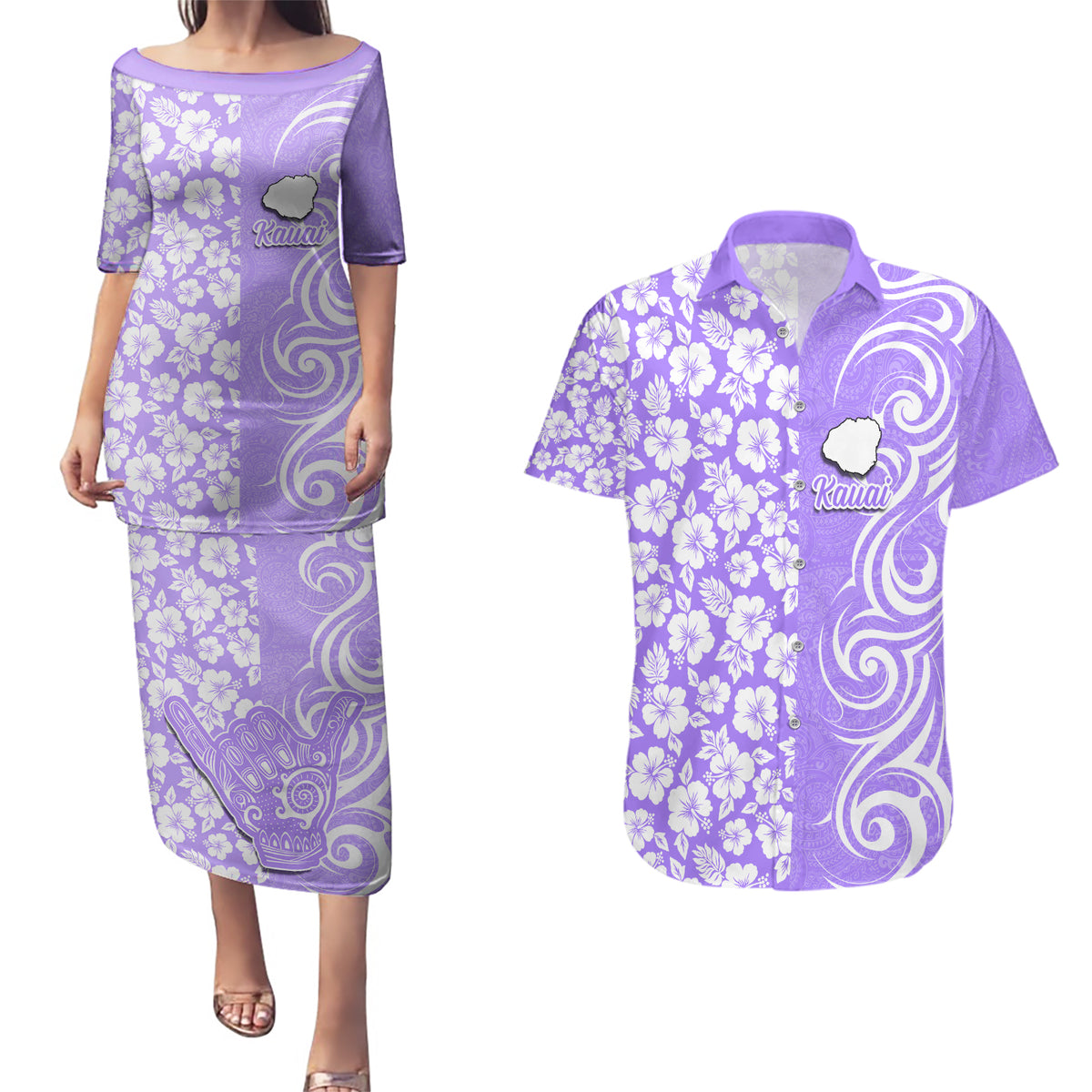 Hawaii Kauai Island Couples Matching Puletasi Dress and Hawaiian Shirt Hibiscus Pattern Seamless Tribal Simple Purple LT03 Purple - Polynesian Pride