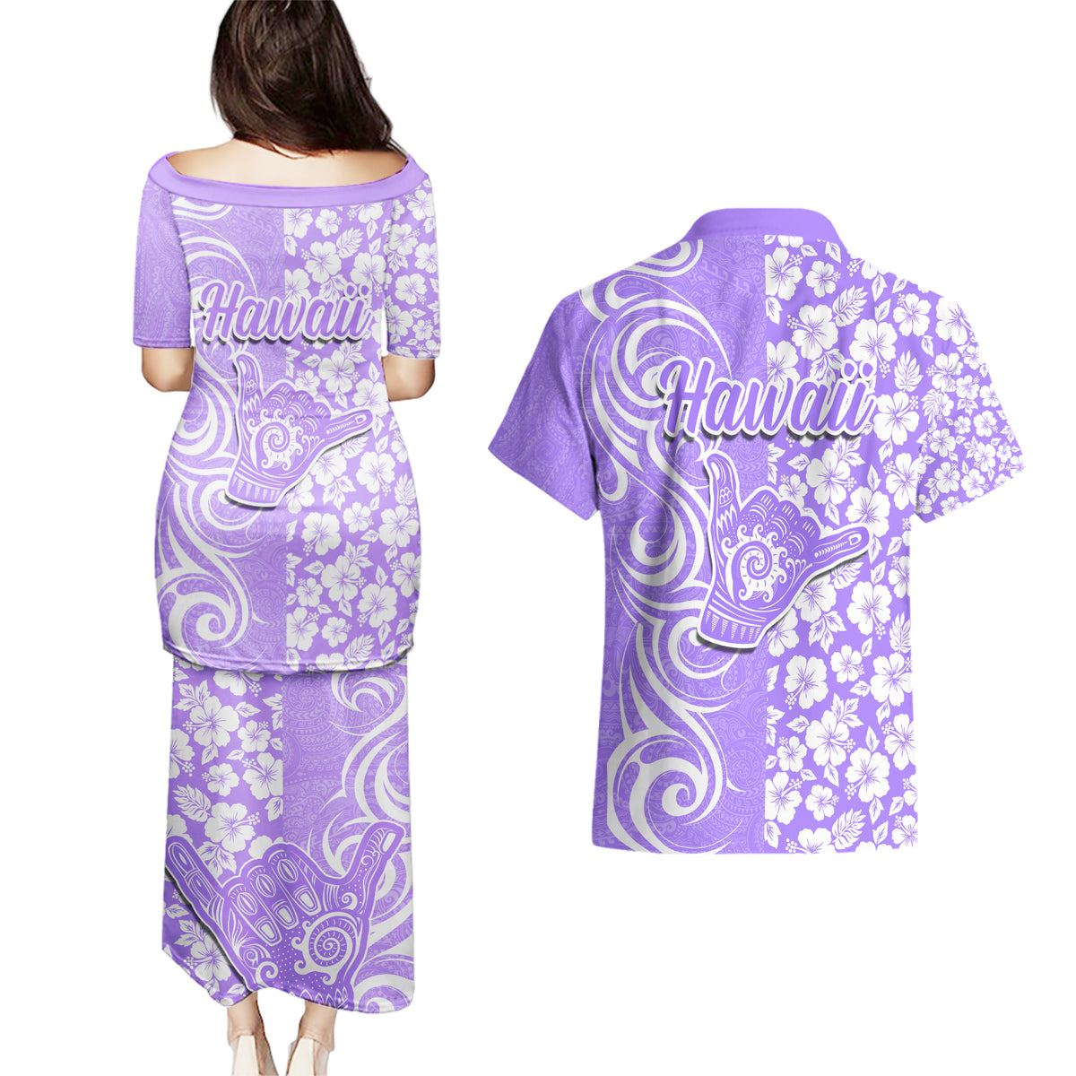Hawaii Kauai Island Couples Matching Puletasi Dress and Hawaiian Shirt Hibiscus Pattern Seamless Tribal Simple Purple LT03 - Polynesian Pride