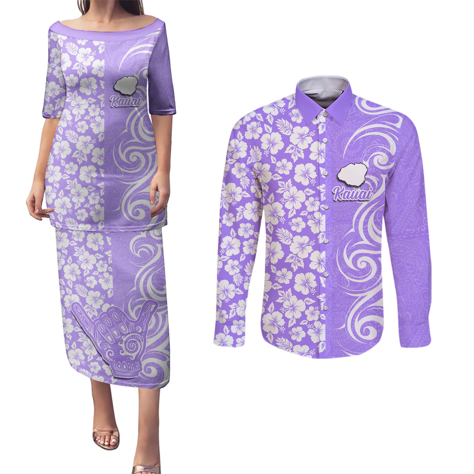 Hawaii Kauai Island Couples Matching Puletasi Dress and Long Sleeve Button Shirts Hibiscus Pattern Seamless Tribal Simple Purple LT03 Purple - Polynesian Pride