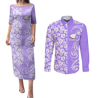 Hawaii Kauai Island Couples Matching Puletasi Dress and Long Sleeve Button Shirts Hibiscus Pattern Seamless Tribal Simple Purple LT03 Purple - Polynesian Pride