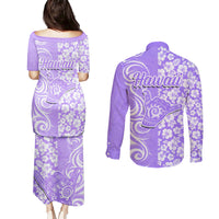 Hawaii Kauai Island Couples Matching Puletasi Dress and Long Sleeve Button Shirts Hibiscus Pattern Seamless Tribal Simple Purple LT03 - Polynesian Pride